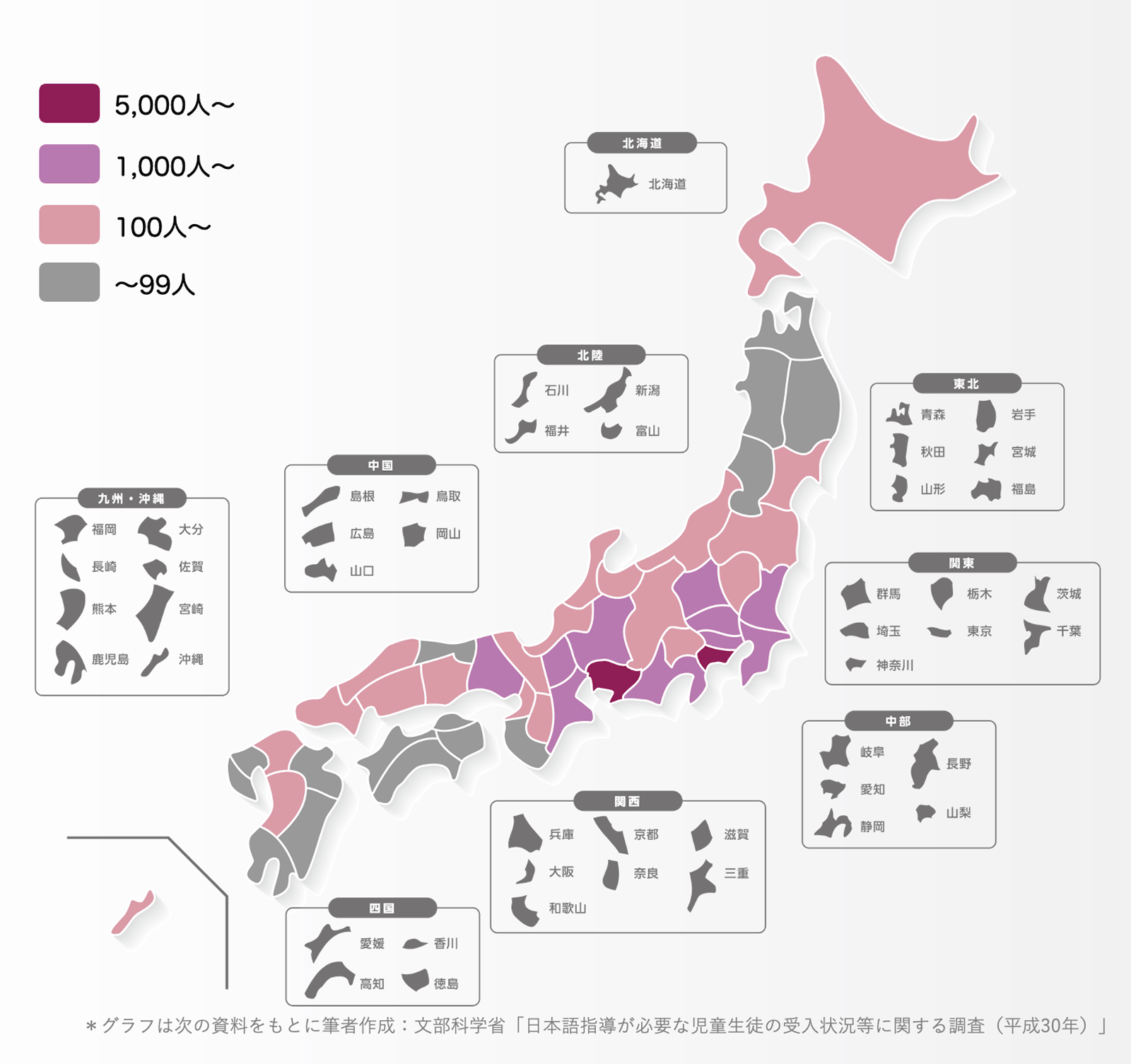 日本語指導が必要な児童生徒数を、5,000人以上、1,000人以上5,000人未満、100人以上1,000人未満、99人以下の4種を色分けした都道府県別全国地図